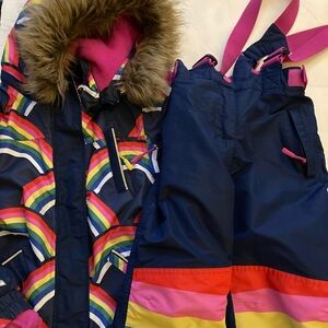 Mini Boden rainbow waterproof ski jacket coat snow pants set 9 10 EUC